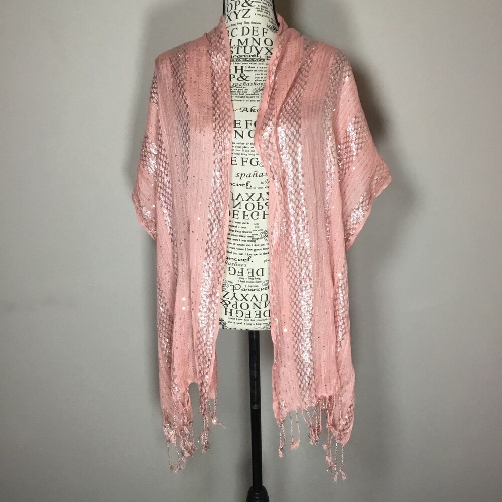 Peachy pink sequin wrap scarf fairycore fairy feminine silver strands bling 74"